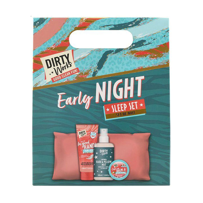Уцінка! Подарунковий набір Dirty Works Early Night Sleep Set (бальзам для губ, 10 г + крем для рук, 100 мл + спрей для волосся, 100 мл + подушка)